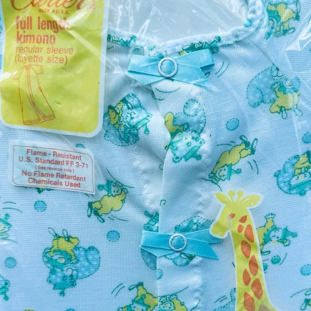 Vintage Carters Full Length Kimono Baby Gown Blue Bear Print Layette Size NEW